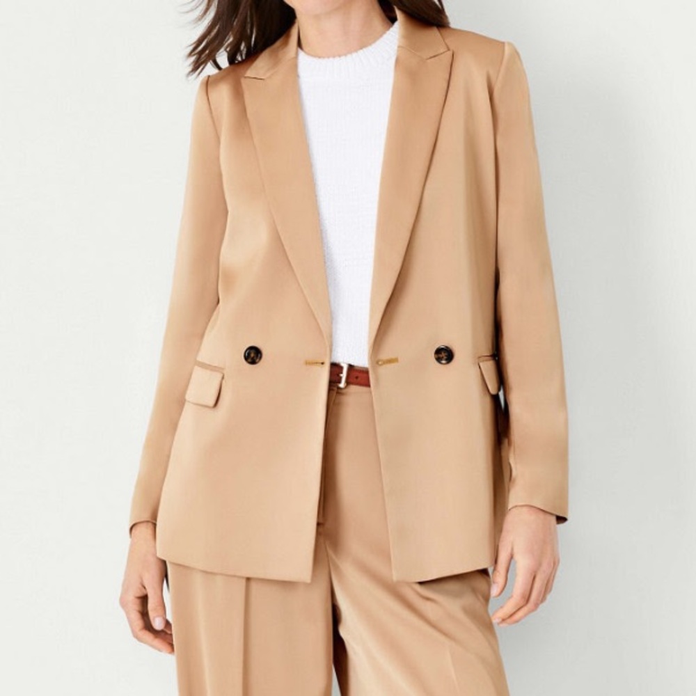 Ann Taylor The Relaxed Double Breasted Long Blazer in Satin